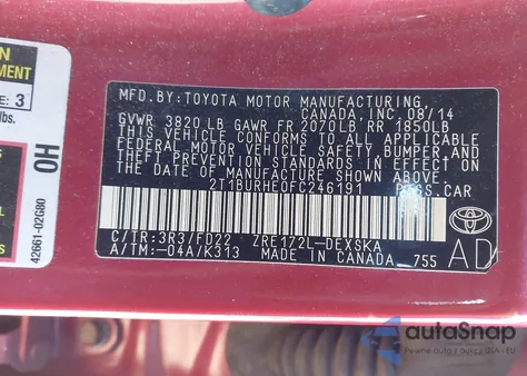 2015 Toyota Corolla S Plus из США, поврежденный, VIN 2T1BURHE0FC246191